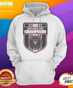 Alt Text: Official CF 2025 MLS Champions Inter Miami logo hoodie featuring vibrant colors and stylish design for fans.