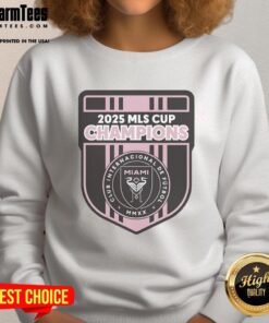 Inter Miami official CF 2025 MLS Champions logo sweatshirt in black, perfect for fans and stylish sportswear enthusiasts.