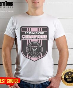 Alt Text: Official CF 2025 MLS Champions Inter Miami logo t-shirt featuring bold design and team colors, perfect for fans.