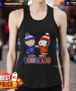 Official Charlie Brown fist bump with Snoopy on a Chicago Cubs x Bears tank top, perfect for sports fans.