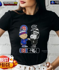 Alt Text: Official Charlie Brown fist bump with Snoopy, featuring Chicago Cubs and White Sox logos on a ladies tee shirt.