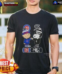 Official Charlie Brown fist bump with Snoopy on Chicago Cubs vs White Sox T-shirt design for sports fans.