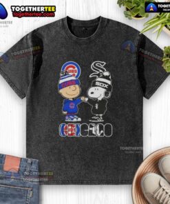 Official Charlie Brown fist bump with Snoopy on a washed T-shirt celebrating Chicago Cubs and White Sox sports.