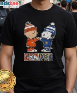 Official Charlie Brown Fist Bump Snoopy T-Shirt featuring Denver City Sports Broncos and Nuggets for fans.