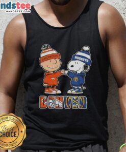 Official Charlie Brown fist bump with Snoopy on a Denver City Sports tank top for Broncos and Nuggets fans.