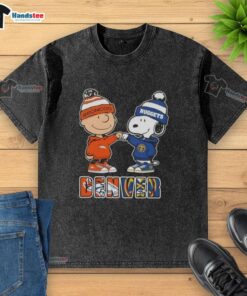 Official Charlie Brown fist bump with Snoopy on a Denver City Sports Broncos X Nuggets washed t-shirt design.
