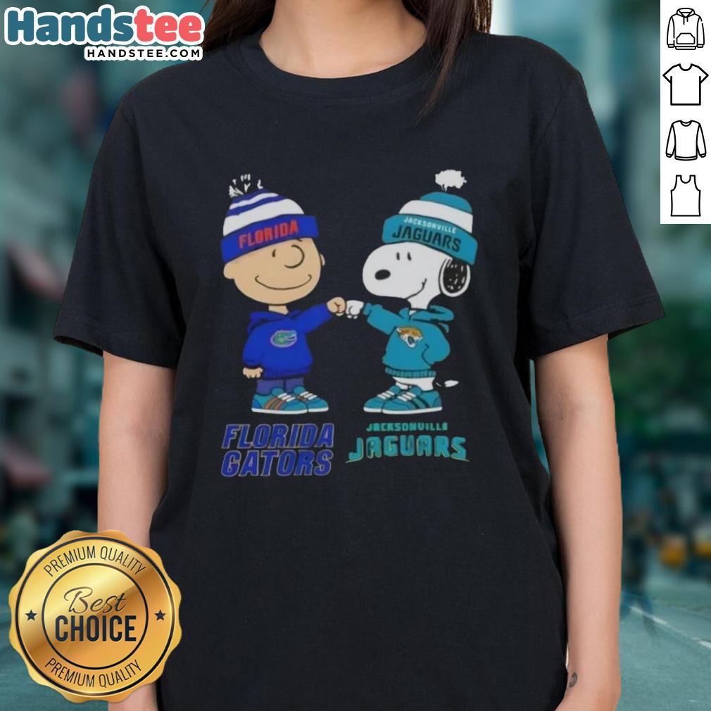 official-charlie-brown-fist-bump-snoopy-florida-gators-x-jacksonville-jaguars-ladies-tee Official Charlie Brown fist bump with Snoopy on a Florida Gators x Jacksonville Jaguars ladies tee design.