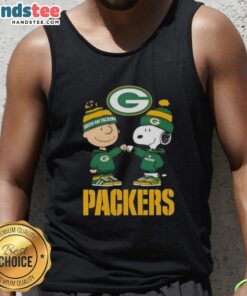 Official Charlie Brown Fist Bump Snoopy Green Bay Packers Tank Top featuring playful design for fans.