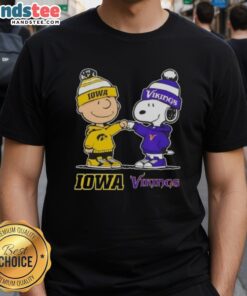 Official Charlie Brown Fist Bump Snoopy T-Shirt featuring Iowa Hawkeyes and Minnesota Vikings logo design.