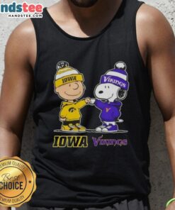 Official Charlie Brown fist bump with Snoopy on Iowa Hawkeyes x Minnesota Vikings tank top, perfect for fans.