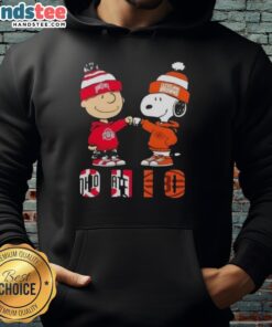 Official Charlie Brown fist bump with Snoopy on Ohio City sports hoodie featuring Buckeyes and Cleveland Browns logos.