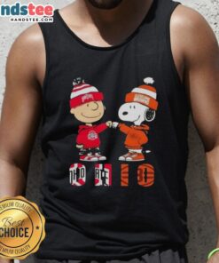 Official Charlie Brown fist bump with Snoopy, featuring Ohio State Buckeyes and Cleveland Browns tank top design.