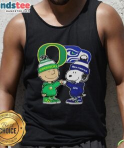 Official Charlie Brown fist bump with Snoopy on Oregon Ducks x Seattle Seahawks tank top design.