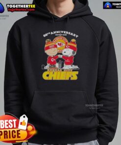 Alt Text: Official Charlie Brown Touch Hand Snoopy X Kansas City Chiefs 66th Anniversary Skyline Hoodie design featuring iconic characters.