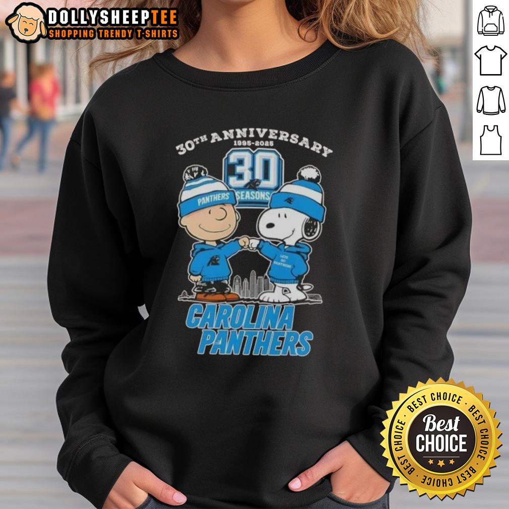 Official Charlie Brown X Snoopy 30th Anniversary 1995 2025 Carolina Panthers Skyline Sweatshirt Alt Text: Official Charlie Brown X Snoopy 30th Anniversary sweatshirt featuring Carolina Panthers skyline design, 1995-2025.