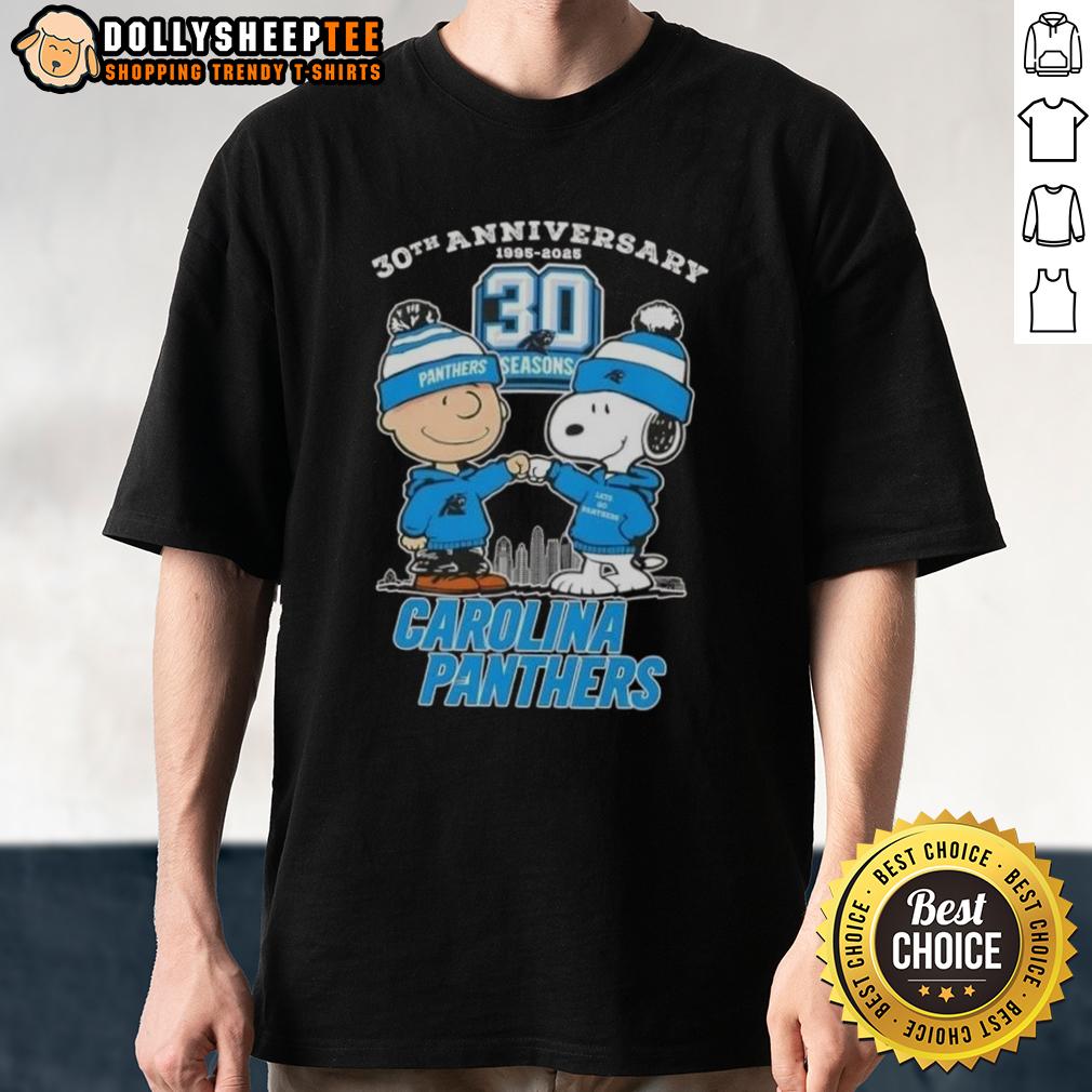 Official Charlie Brown X Snoopy 30th Anniversary 1995 2025 Carolina Panthers Skyline T-Shirt Alt Text: Official Charlie Brown X Snoopy 30th Anniversary T-Shirt featuring Carolina Panthers skyline design, 1995-2025.