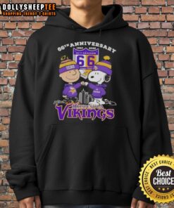 Alt Text: Official Charlie Brown X Snoopy 66th Anniversary Minnesota Vikings skyline hoodie featuring iconic characters.
