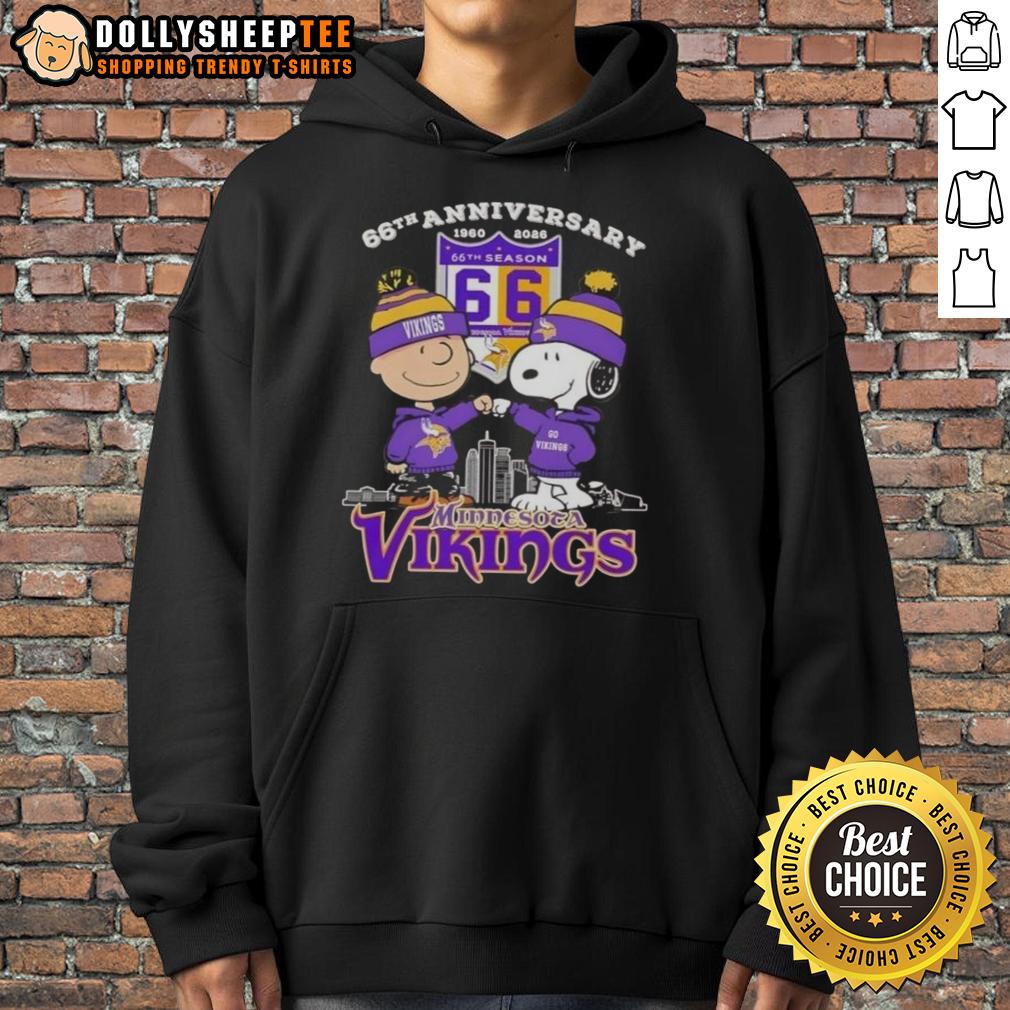 Official Charlie Brown X Snoopy 66th Anniversary 1960 2026 Minnesota Vikings Skyline Hoodie Alt Text: Official Charlie Brown X Snoopy 66th Anniversary Minnesota Vikings skyline hoodie featuring iconic characters.