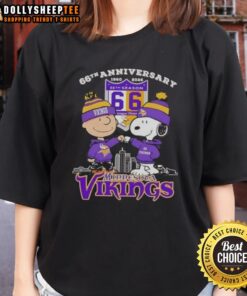 Official Charlie Brown x Snoopy 66th Anniversary tee featuring Minnesota Vikings skyline design for ladies.