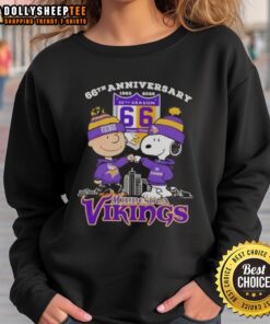 Alt Text: Official Charlie Brown x Snoopy 66th Anniversary sweatshirt featuring Minnesota Vikings skyline design, 1960-2026.