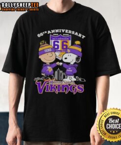 Official Charlie Brown X Snoopy 66th Anniversary Minnesota Vikings Skyline T-Shirt, celebrating 1960-2026.