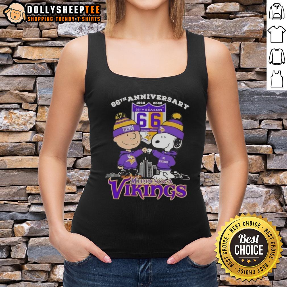Official Charlie Brown X Snoopy 66th Anniversary 1960 2026 Minnesota Vikings Skyline Tank Top Alt Text: Official Charlie Brown X Snoopy 66th Anniversary Minnesota Vikings skyline tank top featuring iconic characters.