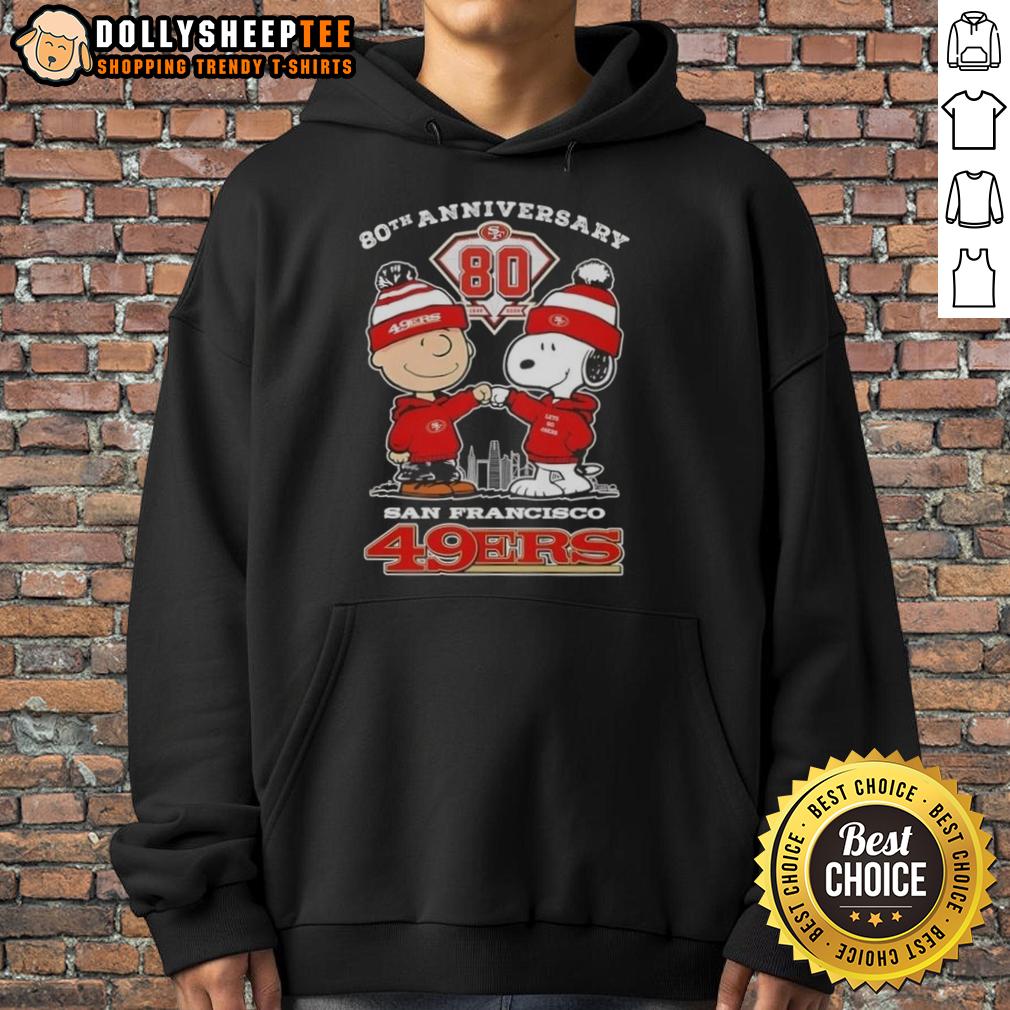 Official Charlie Brown X Snoopy 80th Anniversary 1946 2026 San Francisco 49ers Skyline Hoodie Alt Text: Official Charlie Brown X Snoopy 80th Anniversary hoodie featuring San Francisco 49ers skyline design, 1946-2026.