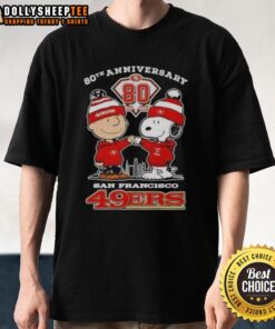 Official Charlie Brown X Snoopy 80th Anniversary T-Shirt featuring San Francisco 49ers skyline design, 1946-2026.