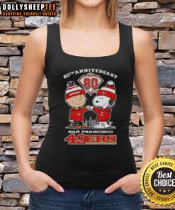 Official Charlie Brown x Snoopy 80th Anniversary tank top featuring San Francisco 49ers skyline design, 1946-2026.