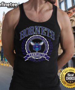 Retro tank top featuring the official Charlotte Hornets NBA logo in a laurel wreath frame, perfect for basketball fans.