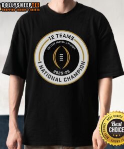 Official College Football Playoff 2025-2026 logo T-shirt featuring 12 teams competing for 1 national champion title.