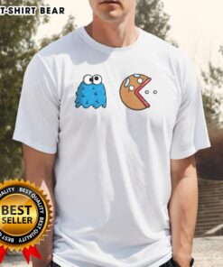 Official Cookie Monster Cookie Man Pacman T-Shirt featuring vibrant graphics of Cookie Monster and Pacman design.