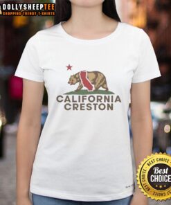 Vintage ladies tee featuring the official Creston California bear and California Republic wordplay design.