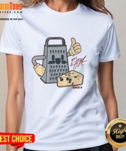 Alt Text: D.J. Moore Cheese Grater Ladies Tee featuring a playful design, perfect for fans and casual wear.