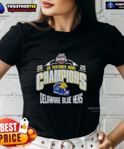 Official Delaware Blue Hens 2025 Ventures Bowl Champions helmet ladies tee showcasing team pride and style.