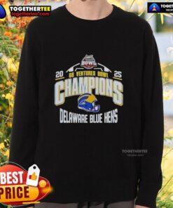Alt Text: Delaware Blue Hens 2025 Ventures Bowl Champions sweatshirt featuring a helmet design, perfect for fans and collectors.