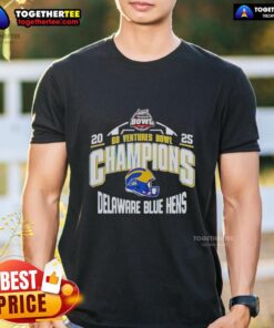 Alt Text: Official Delaware Blue Hens 2025 68 Ventures Bowl Champions helmet t-shirt featuring team colors and logo design.