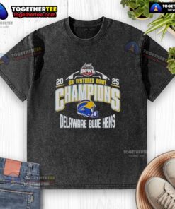 Official Delaware Blue Hens 2025 Ventures Bowl Champions helmet design on a washed t-shirt, perfect for fans.