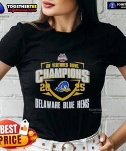 Alt Text: Official Delaware Blue Hens 2025 Ventures Bowl Champions mascot ladies tee featuring vibrant team colors and logo.
