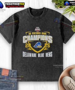 Delaware Blue Hens 2025 Ventures Bowl Champions mascot graphic on a washed t-shirt, showcasing team pride and spirit.