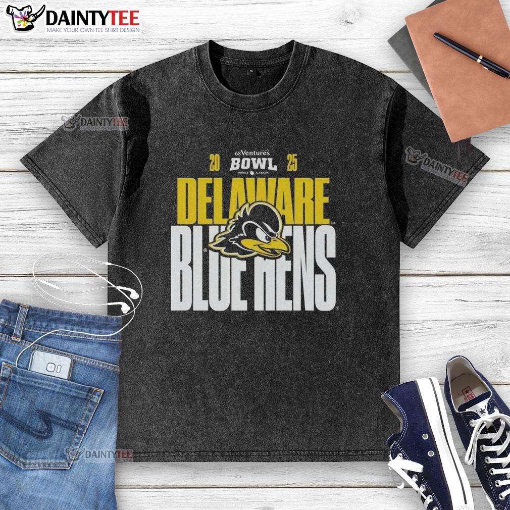 official-delaware-blue-hens-2025-68-ventures-bowl-washed-t-shirt Alt Text: Official Delaware Blue Hens 2025 Ventures Bowl washed t-shirt featuring team logo and vibrant blue color.