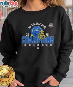 Alt Text: Official Delaware Fighting Blue Hens NCAA Football 2025 Ventures Bowl Champions Sweatshirt in blue and gold.