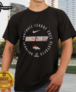 Official Denver Broncos 2025 Playoff Participant Highlight Receiver T-Shirt featuring team colors and logo design.