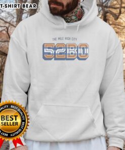 Official Denver Broncos The Mile High City 5280 hoodie displayed on a hanger, showcasing team colors and logo.