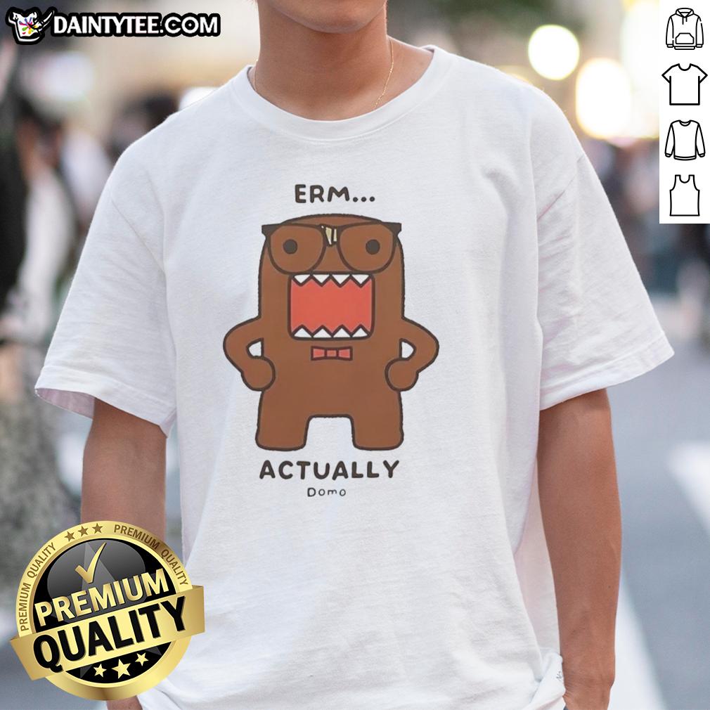 official-domo-kun-erm-actually-monster-cartoon-t-shirt Alt Text: Official Domo-Kun Erm Actually Monster Cartoon T-Shirt featuring a colorful Domo-Kun design on a stylish black tee.