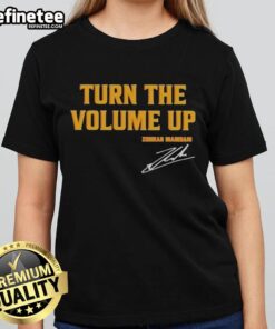 Alt Text: Official Donald Trump Turn The Volume Up Signature Ladies Tee featuring a bold design and vibrant colors for supporters.