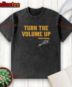 Alt Text: Official Donald Trump 'Turn The Volume Up' signature washed t-shirt featuring bold graphics and a comfortable fit.