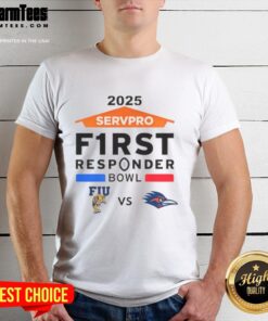 Official Florida International vs UTSA Roadrunners 2025 Servpro First Responder Bowl T-Shirt featuring team logos.