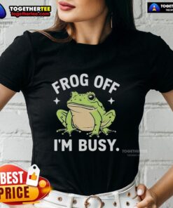 Official Frog Off I'm Busy Ladies Tee featuring a playful frog design, perfect for casual wear and nature lovers.