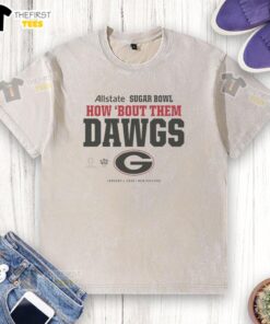 Official Georgia Bulldogs 2025 Allstate Sugar Bowl 'How 'Bout The Dawgs' washed t-shirt in red and black design.